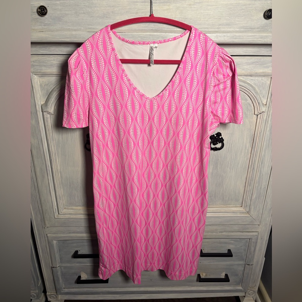 Lulu B UPF 50 Puff Sleeve Hot Pink Dress Preppy Resort Country Club Outdoors